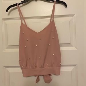 dusty pink crop top with pearl detailing & tie back